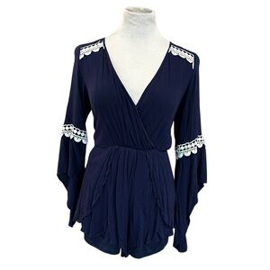 Papaya Navy Blue & White Lace Long Sleeve Romper - Size Large